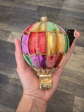 Robert Stanley Hot Air Balloon Glass Holiday Christmas Ornament NEW Glittery